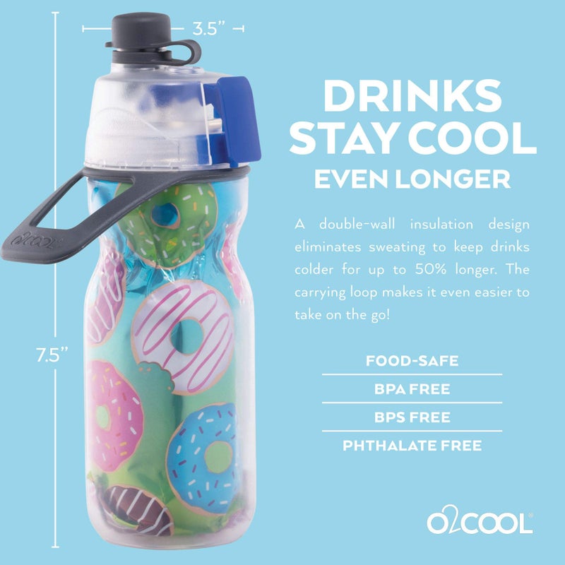 O2COOL Mist 'N Sip Kids Misting Water Bottle 2-in-1 Mist And Sip Function With No Leak Pull Top Spout Kids Reusable Sports Water Bottle - 12 oz (Donuts) - Image 1